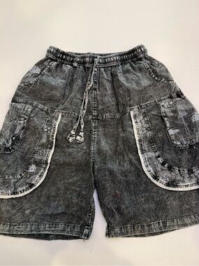 Vintage Mushroom Print Cargo Shorts Acid Wash Gray Cotton Drawstring Festival S/